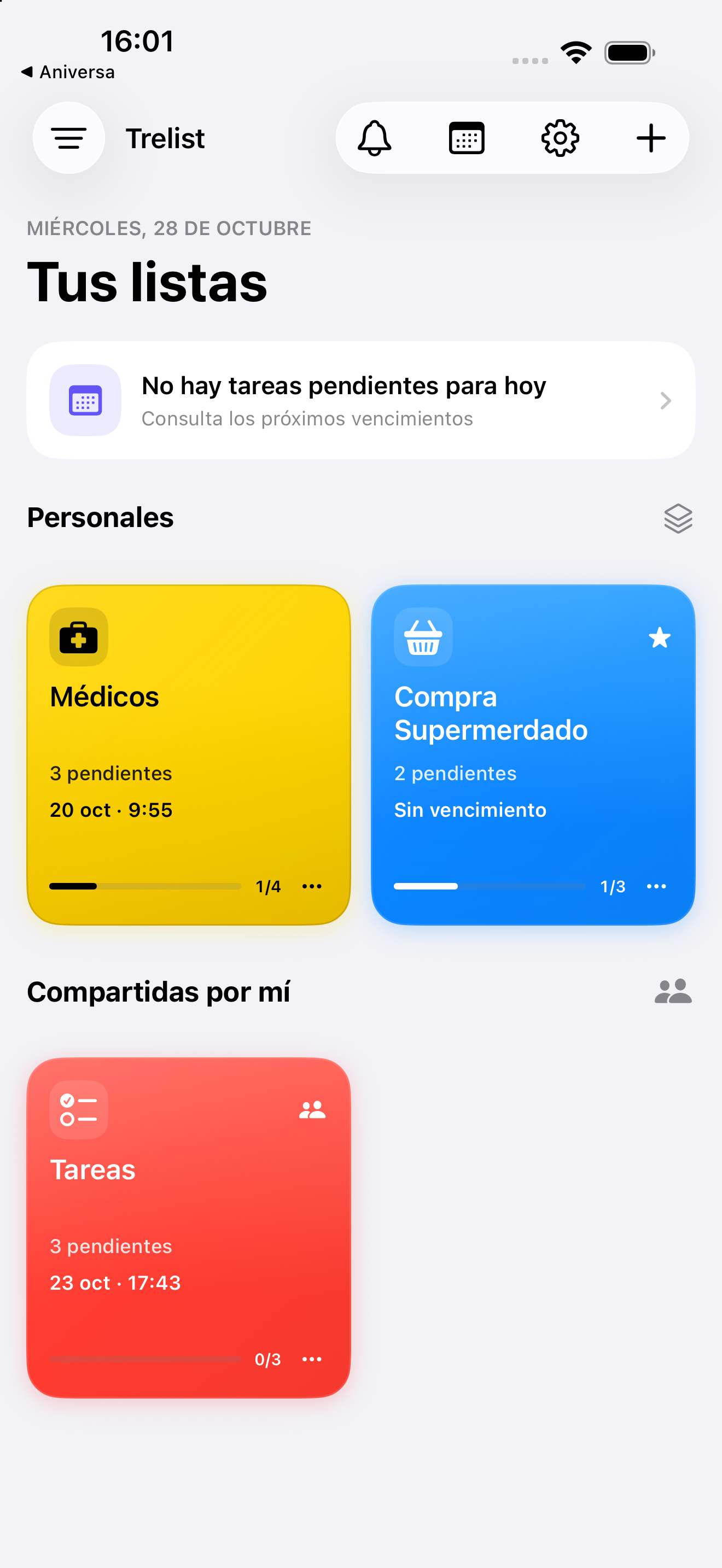 Les llistes de Trelist, organitzades per colors.