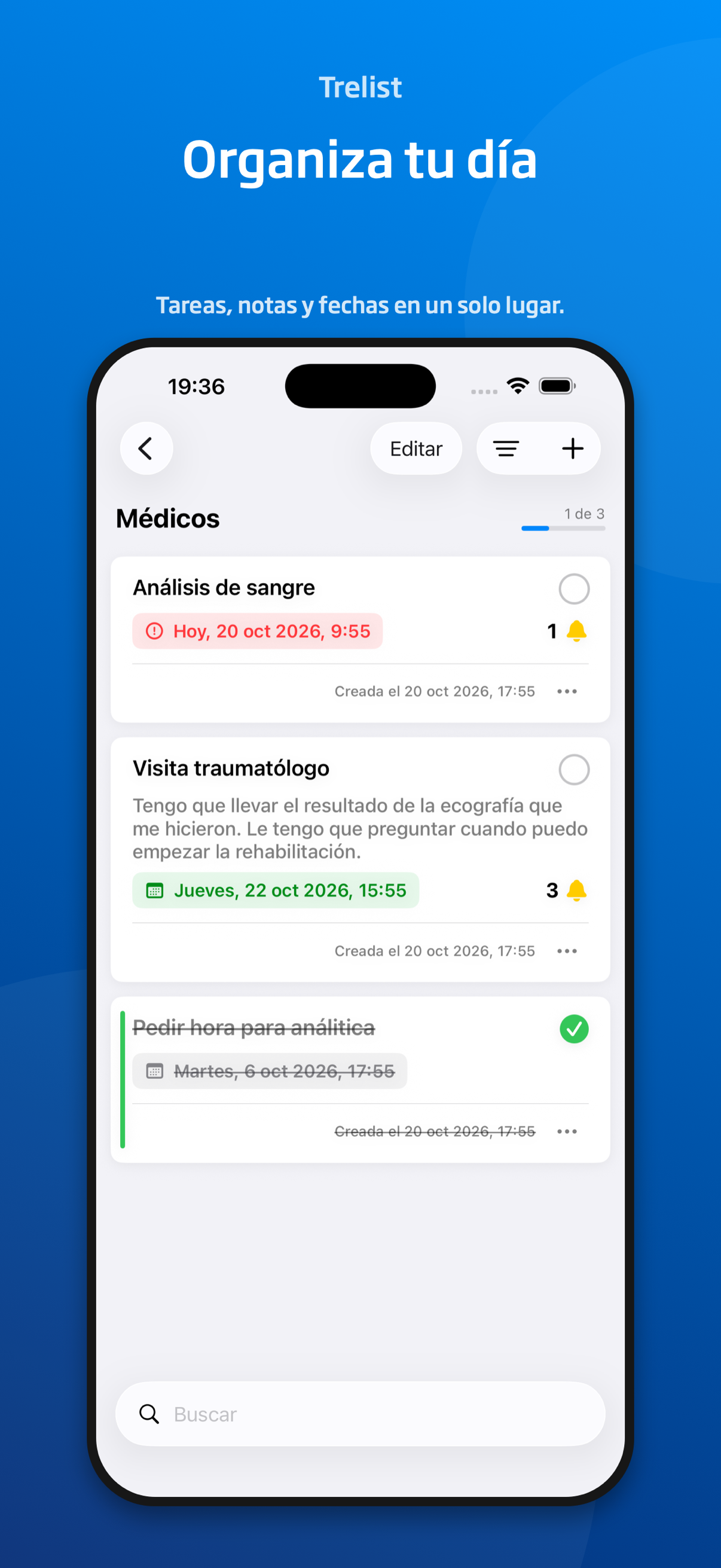 Elementos de una lista de Trelist con notas, vencimientos y tareas completadas.