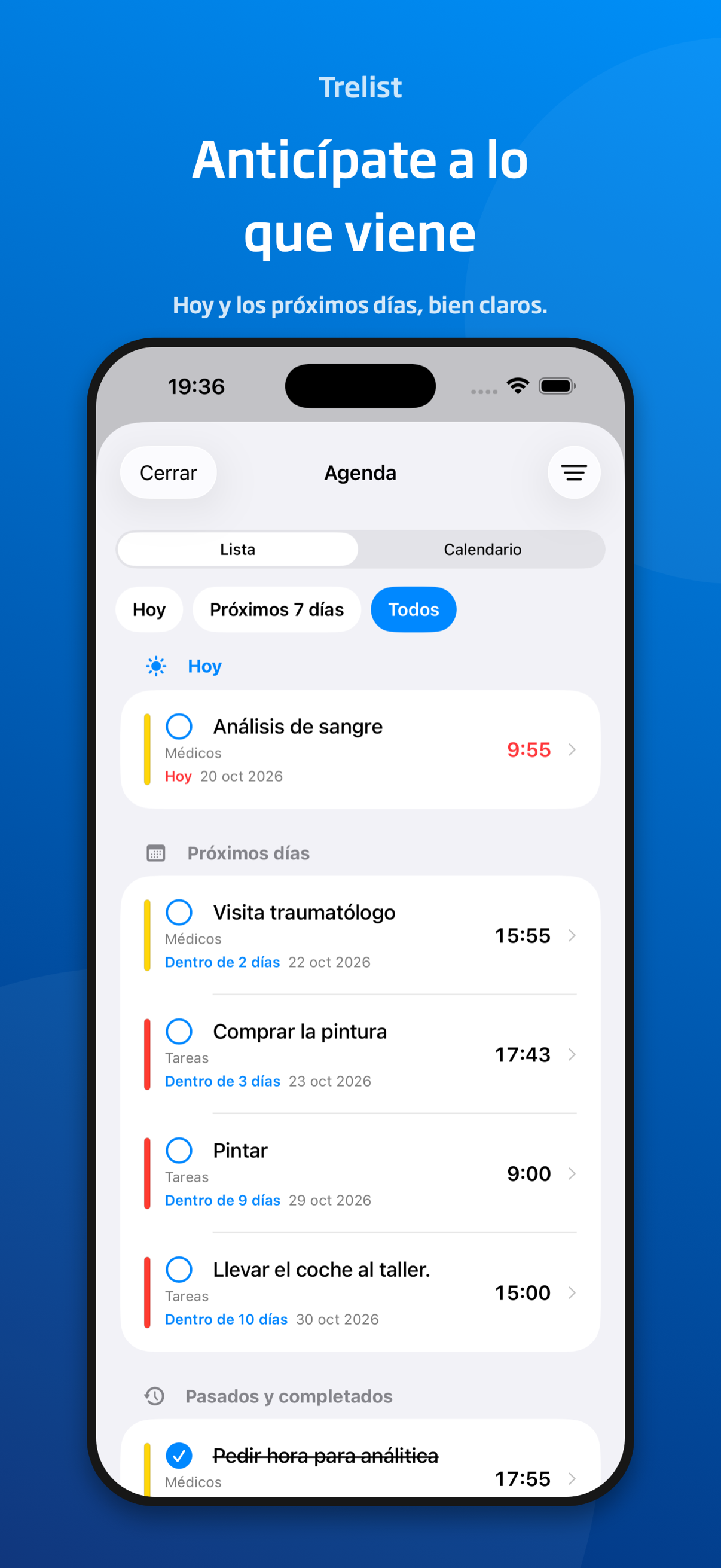Agenda de Trelist con tareas ordenadas por fecha.