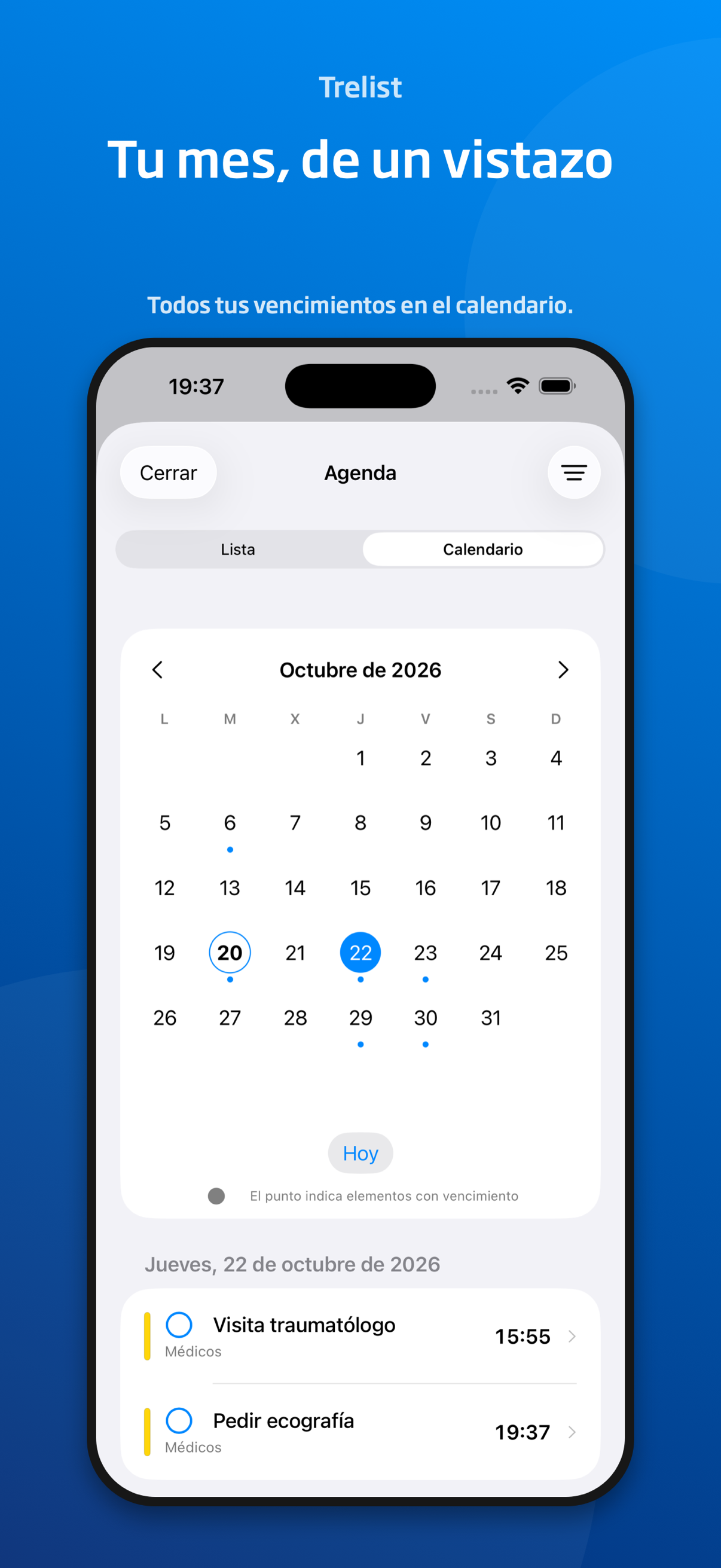 Calendario mensual de Trelist con los vencimientos de las tareas.