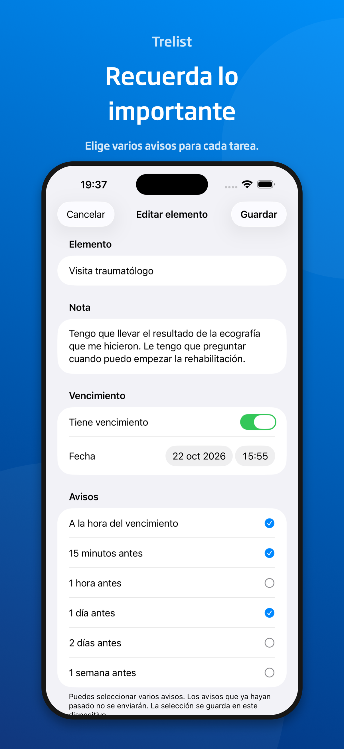 Edición de un elemento de Trelist con nota, fecha y selección de avisos.