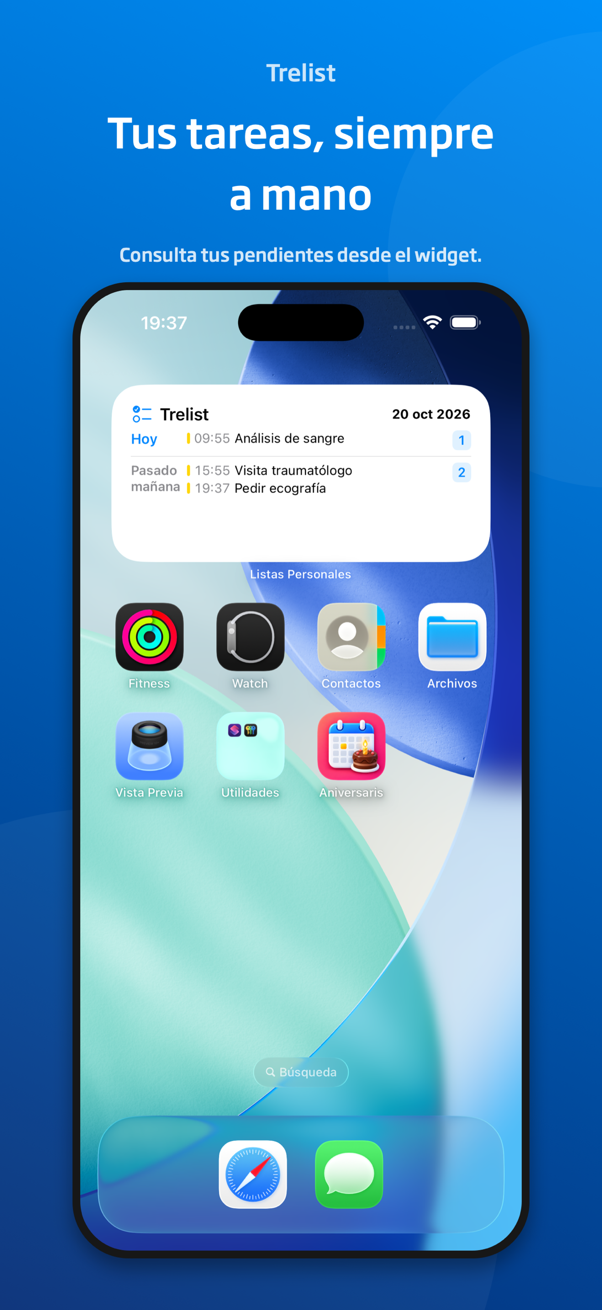 Widget de Trelist en la pantalla de inicio del iPhone.