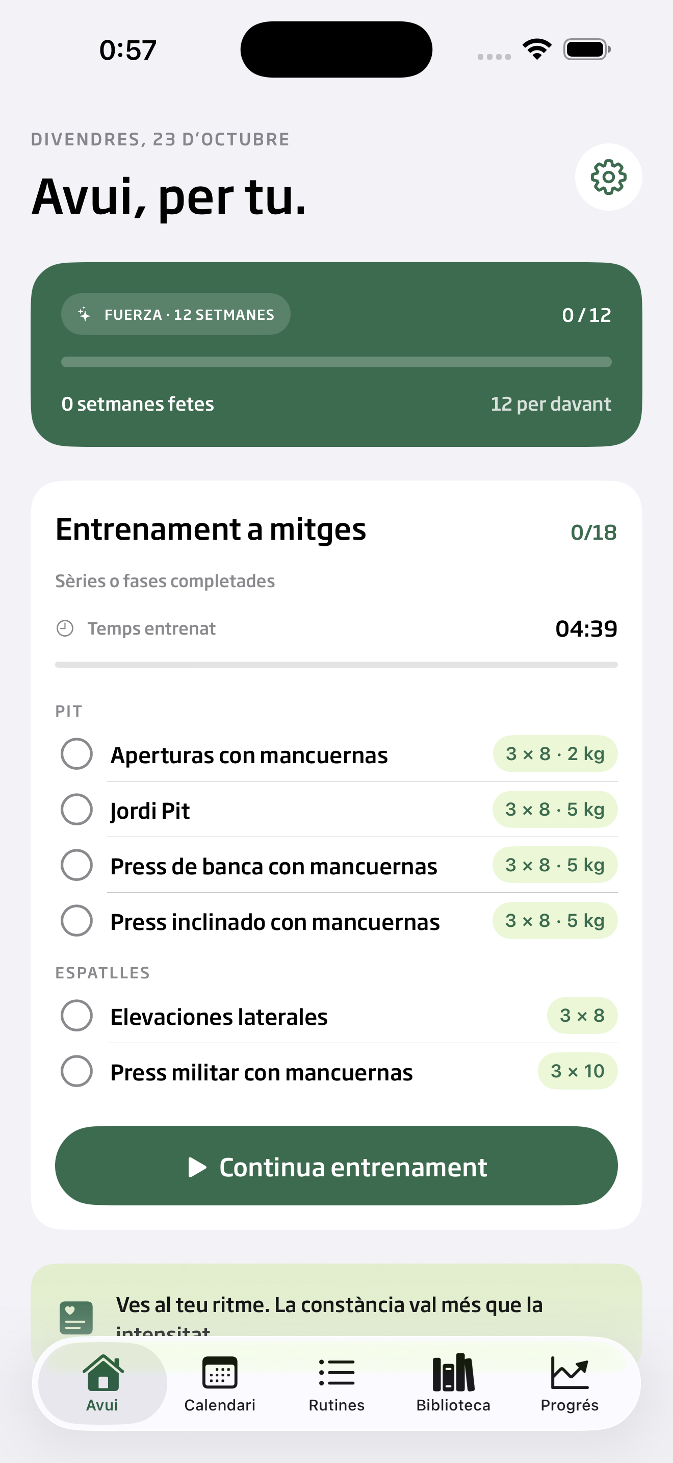 La sessió d’avui i els exercicis de Kalenfit.